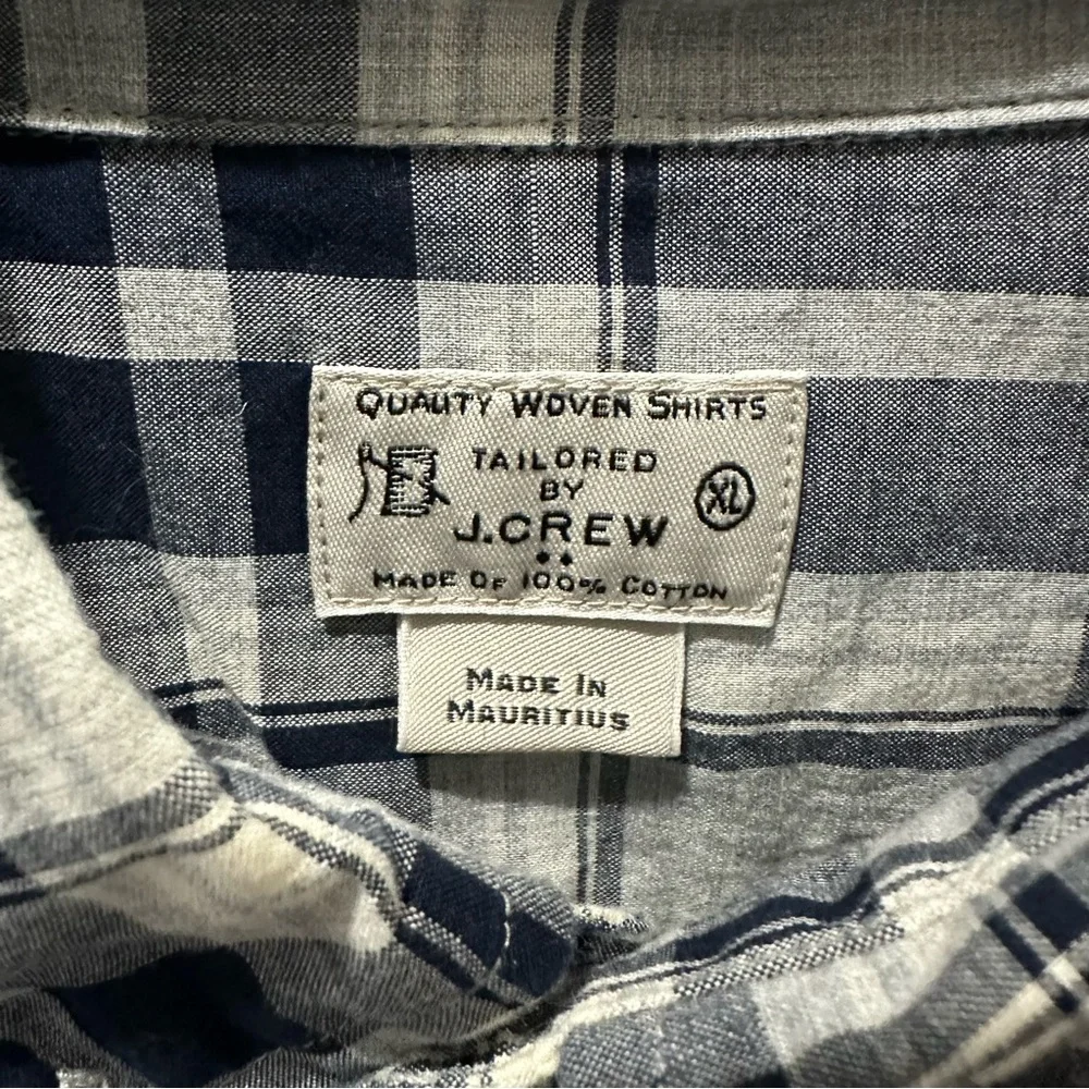 J.Crew Mens XL Plaid Button Down Shirt Navy Blue Grey Tailored 100% Cotton L/S